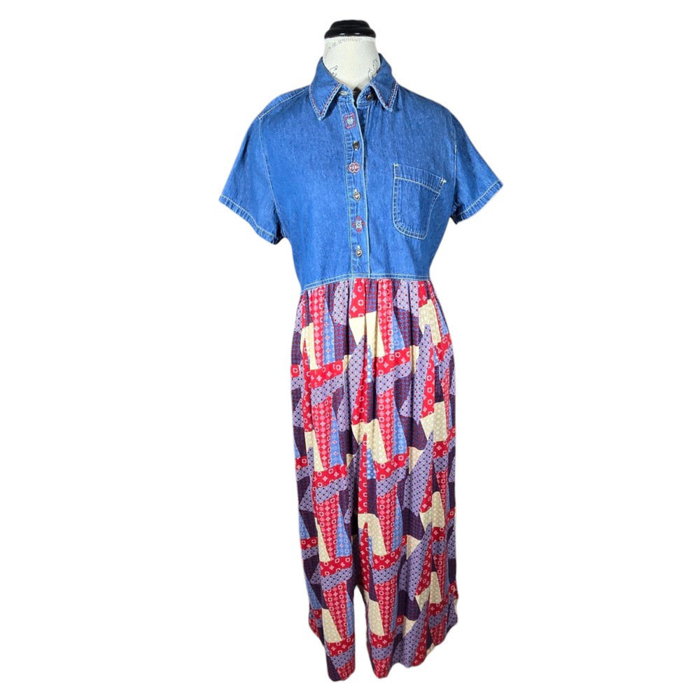 Vintage Bobbie Brooks Dress Womens Large Blue Denim Patchwork‎ Maxi Western 90s